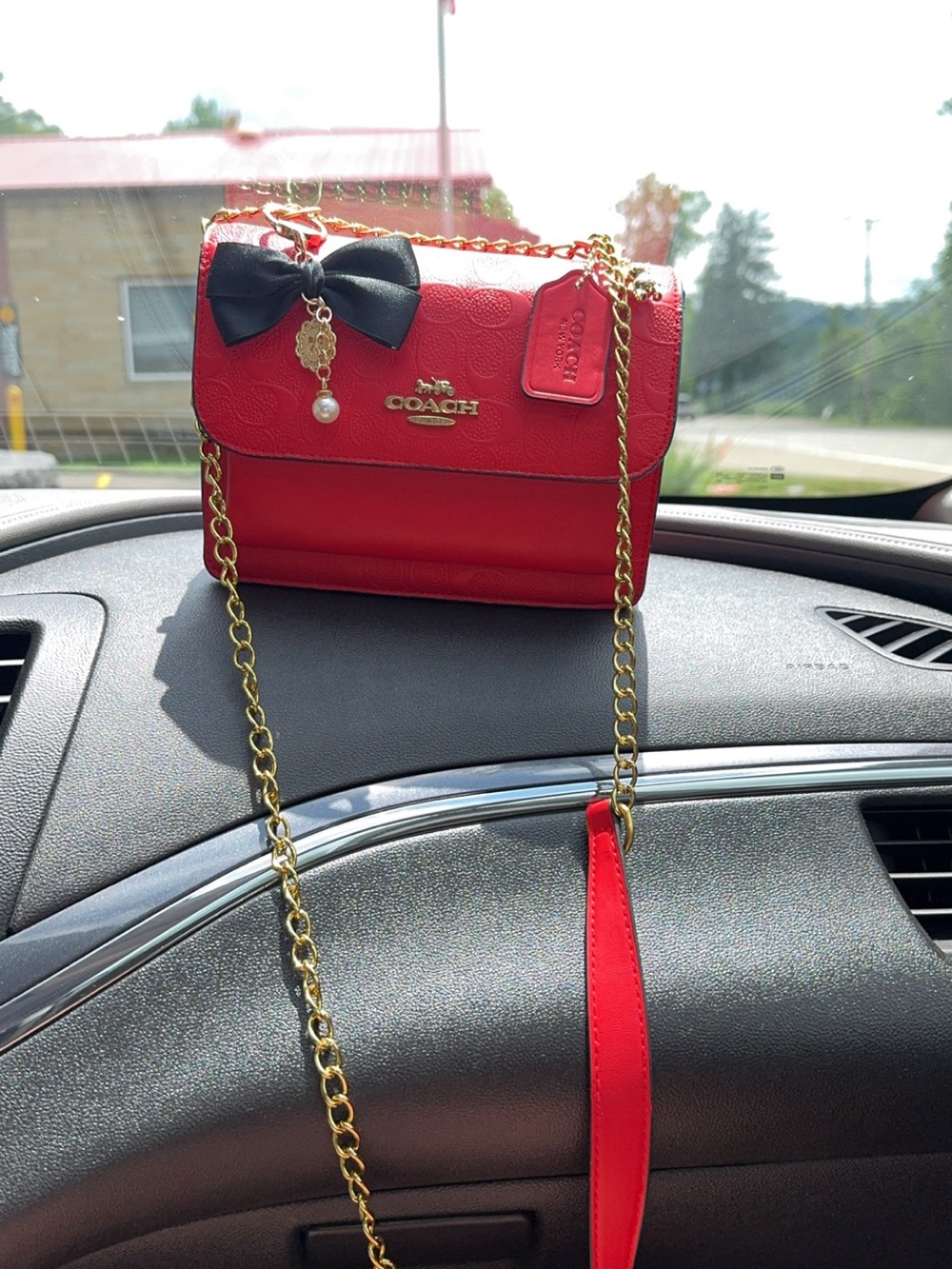 Coach Red Leather Crossbody with Black Bow and Gold Chain